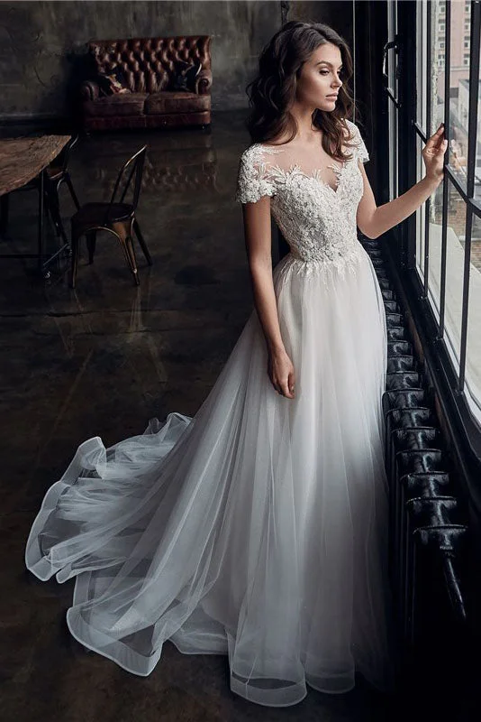 silk wedding dressesLace Appliqued Beaded Button Short Sleeves A-line Tulle Boho Wedding Dress OKV37