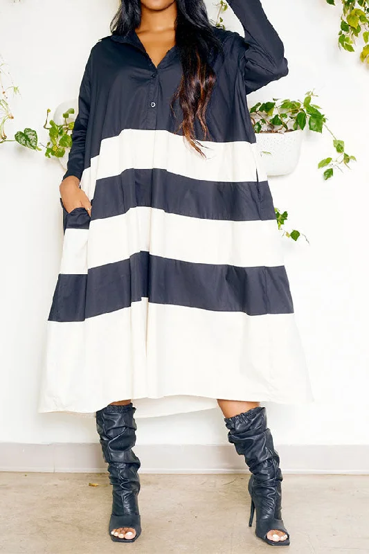 casual chic midi dressesHit Color Patchwork Relaxed Button Midi Dress