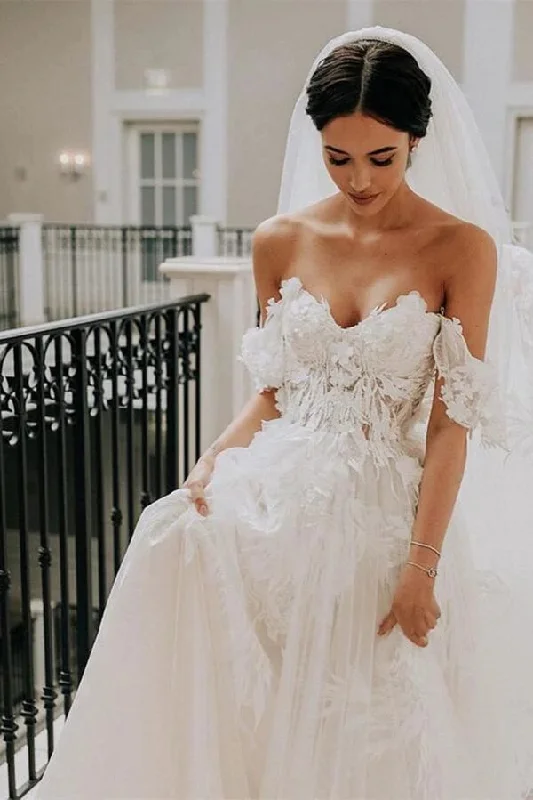 vintage-inspired wedding dressesElegant Ivory Tulle A Line Sweetheart Appliqued Wedding Dress Bridal Gown OK1134