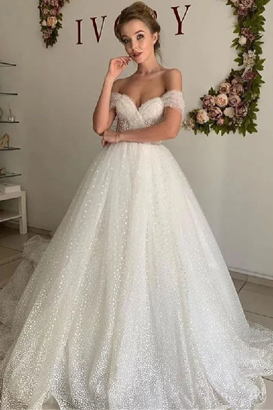 wedding dress codeGlitter Tulle A-line Princess Wedding Dress Off the Shoulder Elegant Bridal Gowns OKV60