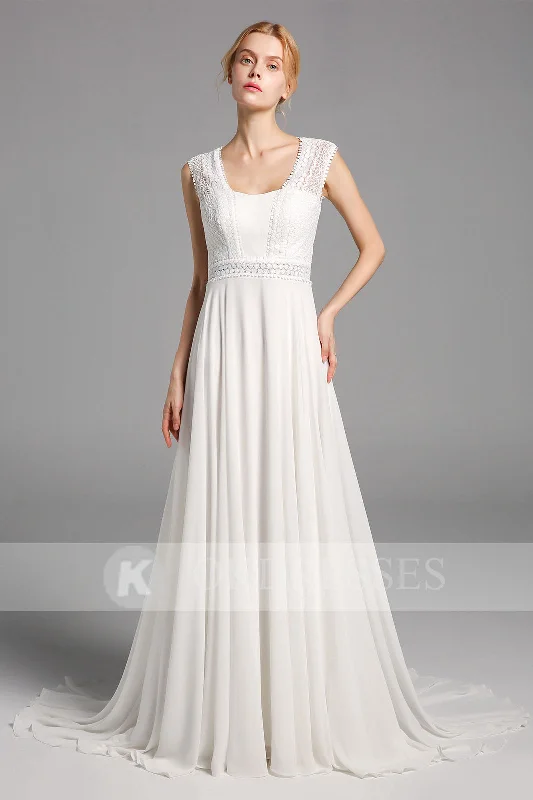 flowy wedding dressesElegant Chiffon Long Wedding Dresses Open Back Bridal Gowns With Lace Top OKV13