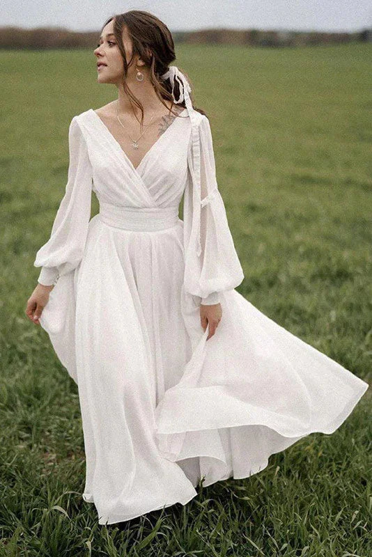 wedding dress with detachable trainChiffon Beach Wedding Dress Puff Sleeve Vintage Bride Dress V Neck Boho Wedding Gowns OKW14