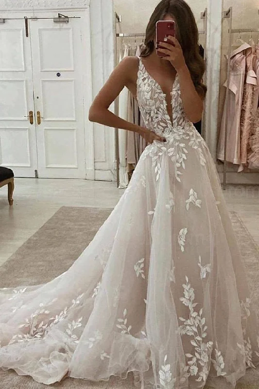 illusion sleeve wedding dressesLace Applique Ivory A-line V-Neck Wedding Dress Cheap Bridal Dress OKU81