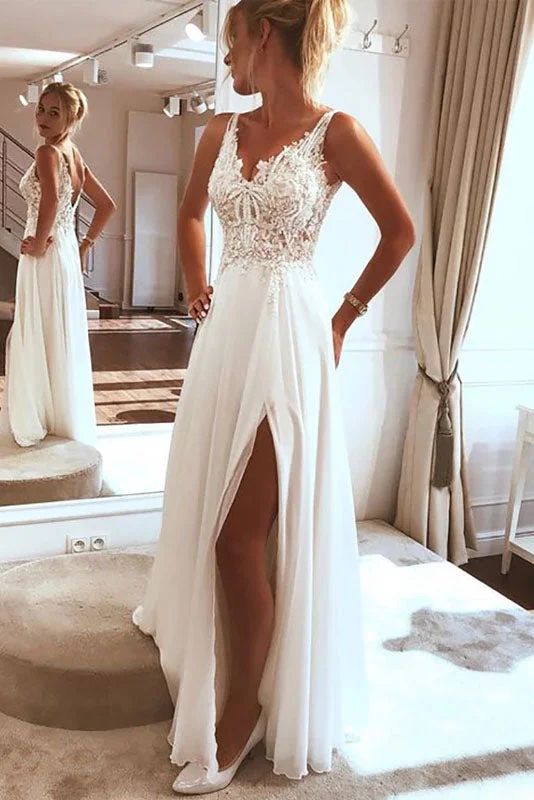 bohemian chic wedding dressesCharming A-line Side Split Top Lace Boho Bride Dress Sexy Appliques Wedding Gown OKW95