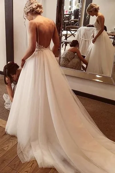 sample sale wedding dressesBackless A Line Spaghetti Straps Tulle Beach Wedding Dress Fashion Custom Made Bridal Dress OK1090