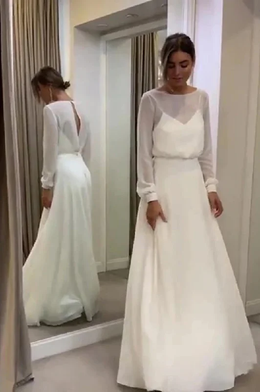 elegant wedding dressesSimple Long Sleeve Wedding Dress A-line Open Back Custom Made Women Chiffon Bridal Gowns OKV53