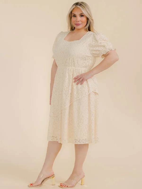 midi dresses for workPLUS SIZE SHORT SLEEVE LACE FLORAL TIERED MIDI DRESS