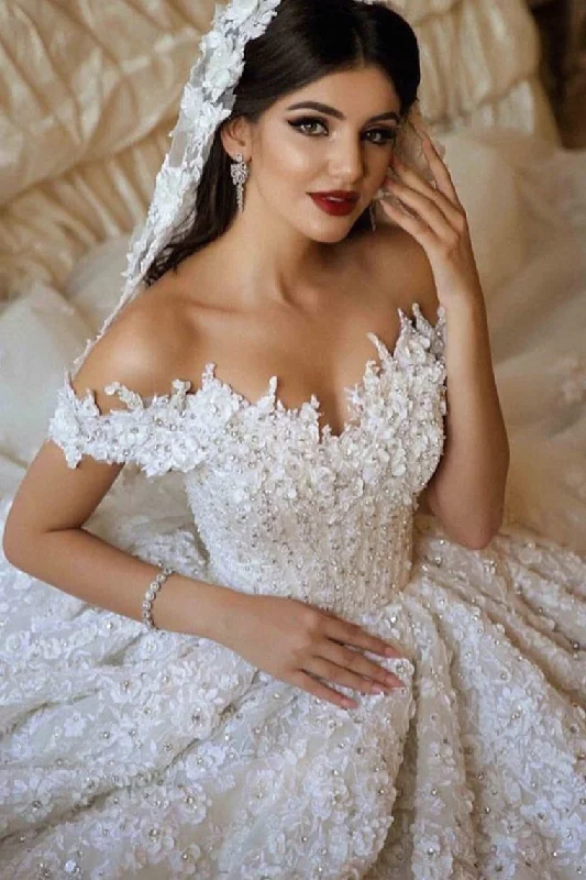 empire waist wedding dressesA Line Off The Shoulder Tulle Wedding Dress With Lace Appliqued OKE66