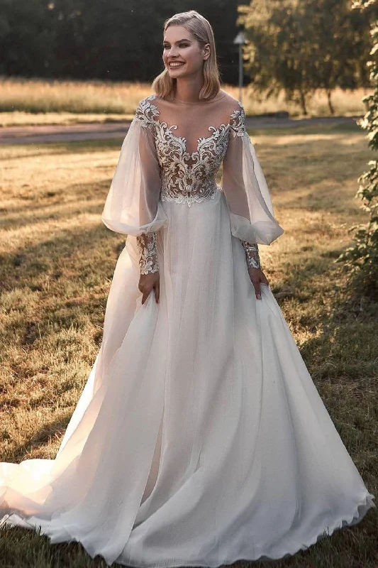 high-low wedding dressesA-line Long Sleeve Lace Appliques Tulle Sheer Neck Wedding Dress OKV24