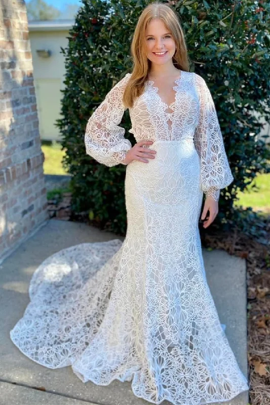 lightweight wedding dressesChic Lace Long Sleeves V Neck Open Back Mermaid Wedding Dress OK1538