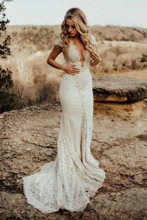 illusion sleeve wedding dressesChic Mermaid Round Sheer Neck Cap Sleeves Wedding Dress With Lace Beach Bridal Dress OKY5