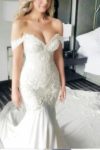 plus-size friendly wedding dressesStunning Mermaid Off-the-Shoulder Lace Long Cheap Count Train Backless Plus Size Wedding Dress OK774