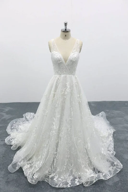 ready-to-wear wedding dressesA-line Deep V Neck Fairy Tale Wedding Dresses Lace Tulle Bridal Dresses OKU96