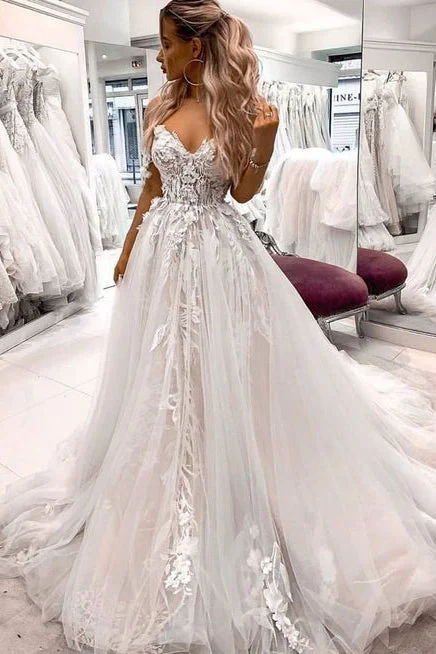 wedding dress shoppingGorgeous A-line Off the Shoulder Tulle Lace Appliques Boho Wedding Dress OK1010