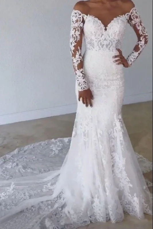 statement wedding dressesAmazing Mermaid Long Sleeves Off Shoulder Sweetheart Long Lace Appliques Wedding Dress OK1095