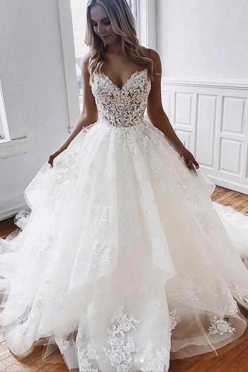 spaghetti strap wedding dressesA-line Off White Sweetheart Spaghetti Straps Tulle Lace Appliques Long Wedding Dress OKY6