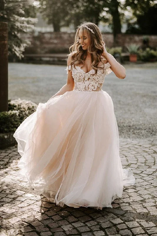 ball gown wedding dressesBeautiful Tulle A-line Off the Shoulder Wedding Dress With Lace Appliques OKY34