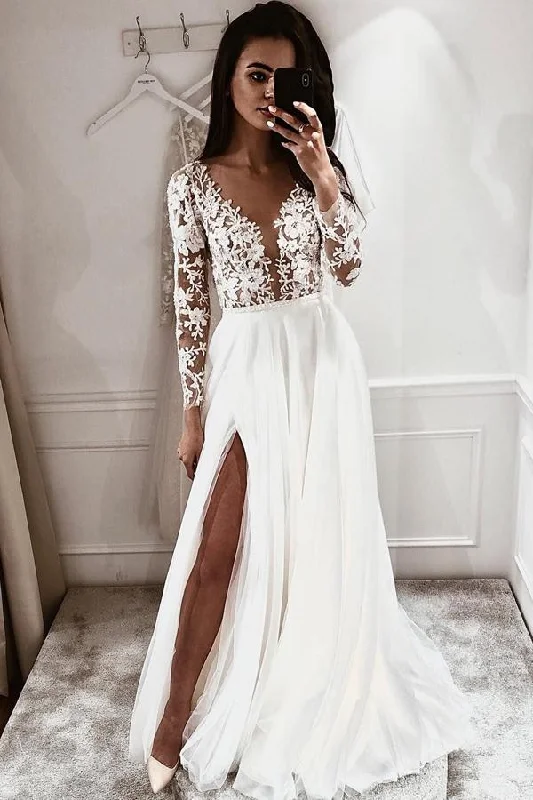 rustic elegance wedding dressesA Line V-neck Lace Appliques Long Sleeves Beach Wedding Dress with Split OK1113