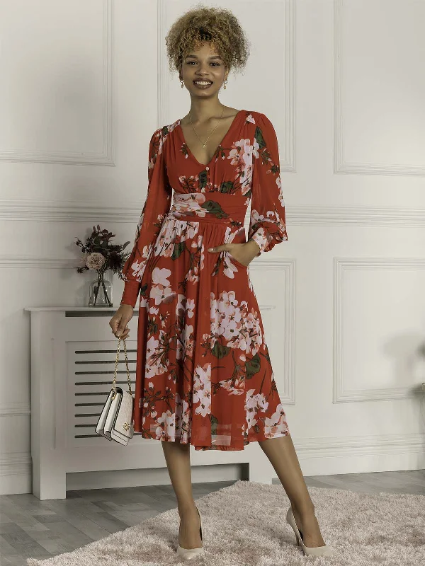 midi ballerina dressesJolie Moi Gianna Long Sleeve Mesh Midi Dress, Red Floral