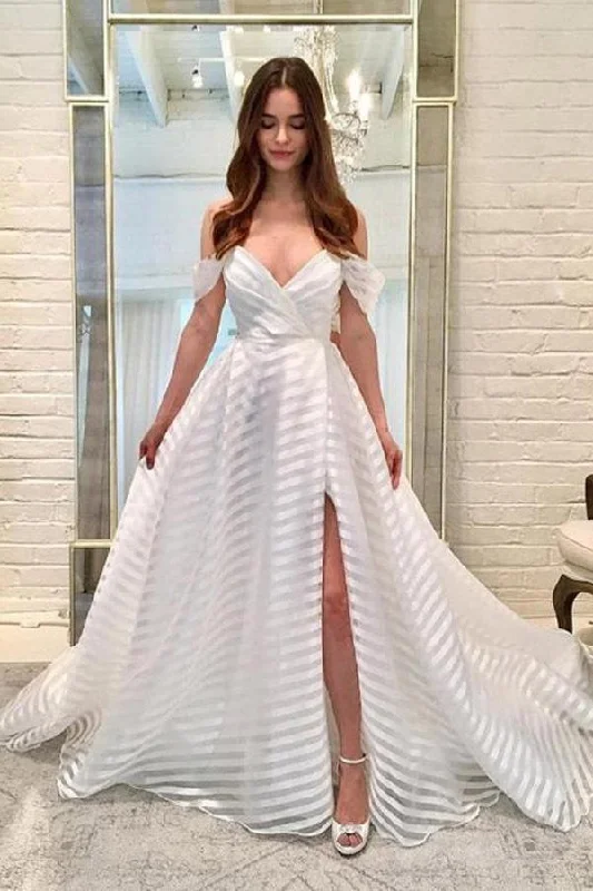 made-to-order wedding dressesStunning A Line Off-The-Shoulder Sleeveless Striped Wedding Dress With Split OK1093