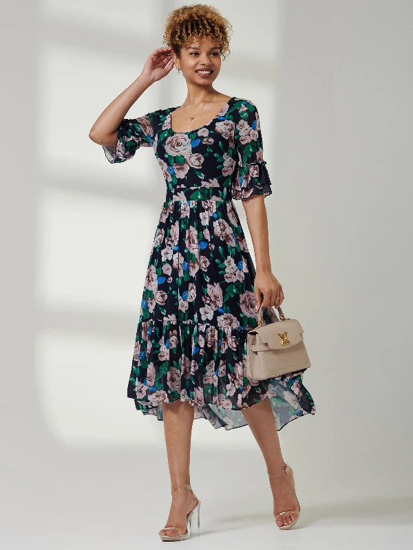 wrap-around midi dressesMaab Mesh Ruffle Sleeve Midi Dress, Navy Floral