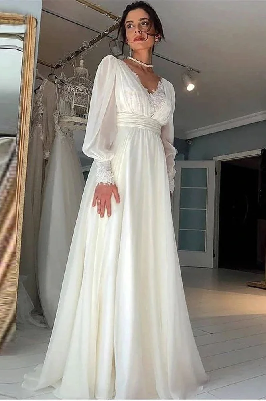 classic wedding dressesVintage Long Sleeves Wedding Dress Chiffon A-line V Neck Bride Gowns OKV59