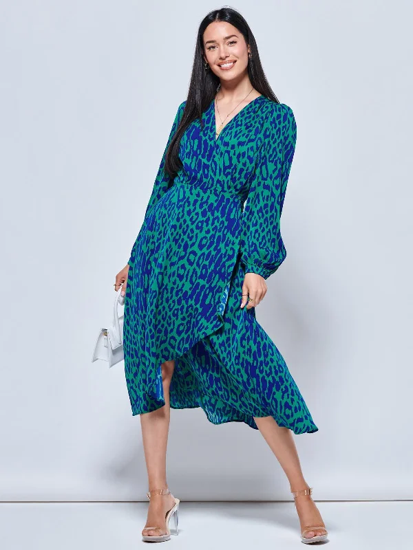 midi cocktail dressesCrepe Wrap Long Sleeve Midi Dress, Green Animal