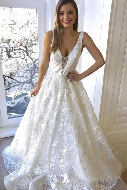 church wedding dressesElegant A-Line V-Neck Sleeveless Lace Affordable Long Wedding Dress OK1154