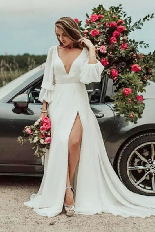 lightweight wedding dressesDeep V Neck A-line Long Sleeves Wedding Dress With Slit V Back Long Bridal Gowns OKX86