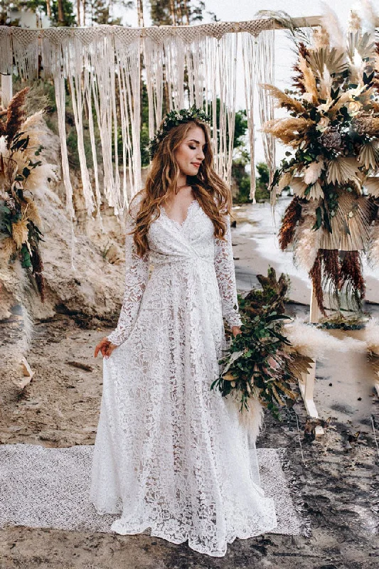 embroidered wedding dressesA-line Lace Long Sleeves Wedding Dress Long Pregnant Women Maxi Gown OKV30