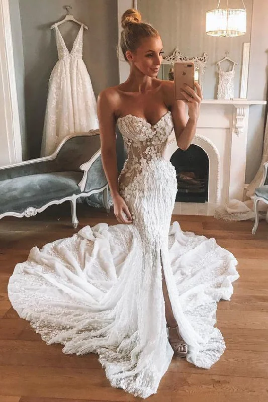 modern wedding dressesSexy Sweetheart Mermaid Ivory Lace Long Wedding Dress Wth Slit OKZ39