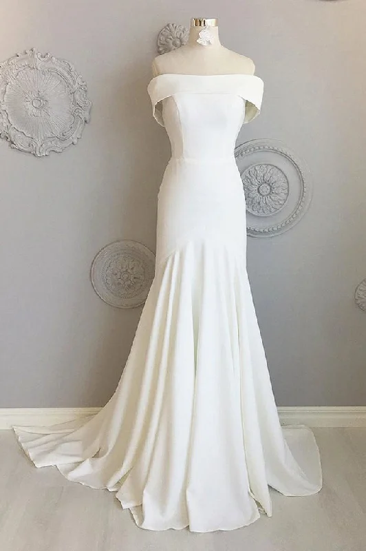 budget-friendly wedding dressesIvory Off the Shoulder Mermaid Wedding Dress Long Bridal Dress OKX69