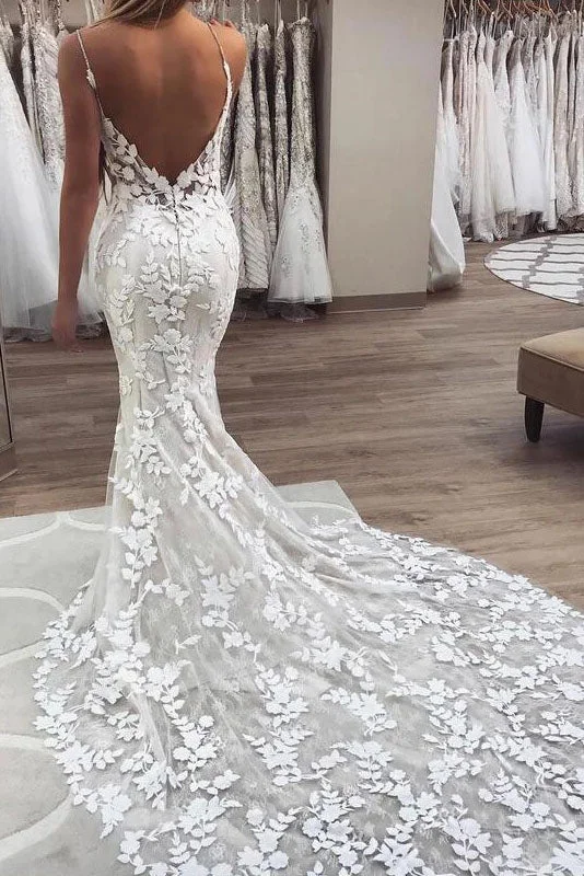 cap sleeve wedding dressesStunning Mermaid Lace Spaghetti Straps Backless Wedding Dress OKV17