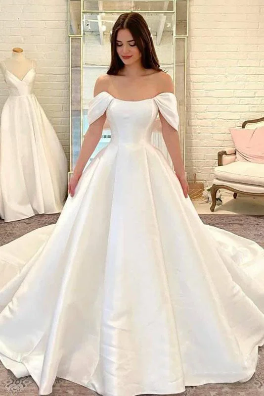 minimalist wedding dressesStylish A-Line Off Shoulder Satin   Wedding Dress Elegant Bridal Dress OK1201