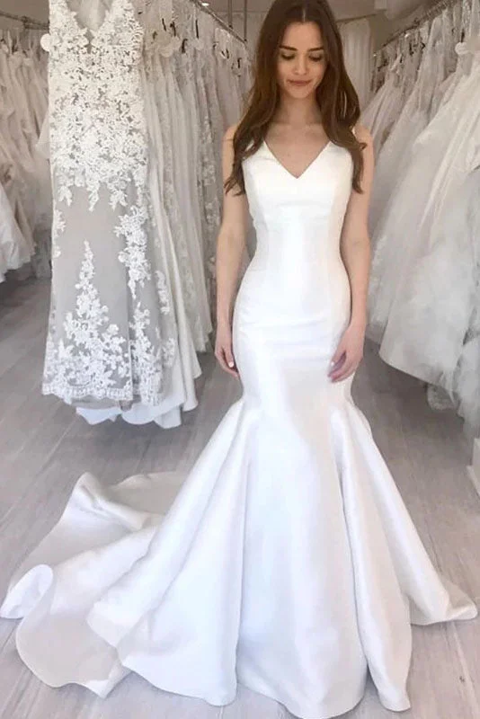 eco-friendly wedding dressesSimple Mermaid Wedding Dress V-Neck Chapel Train Sleeveless Bridal Dress OKW40