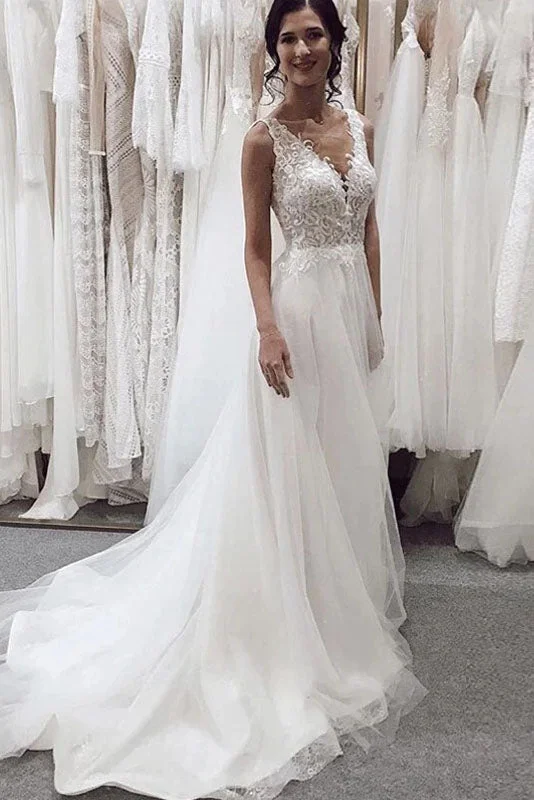 wedding dress with trainElegant Tulle Wedding Dress Deep V-Neck Sleeveless Chapel Train A-line Applique Bridal Dress OKW23