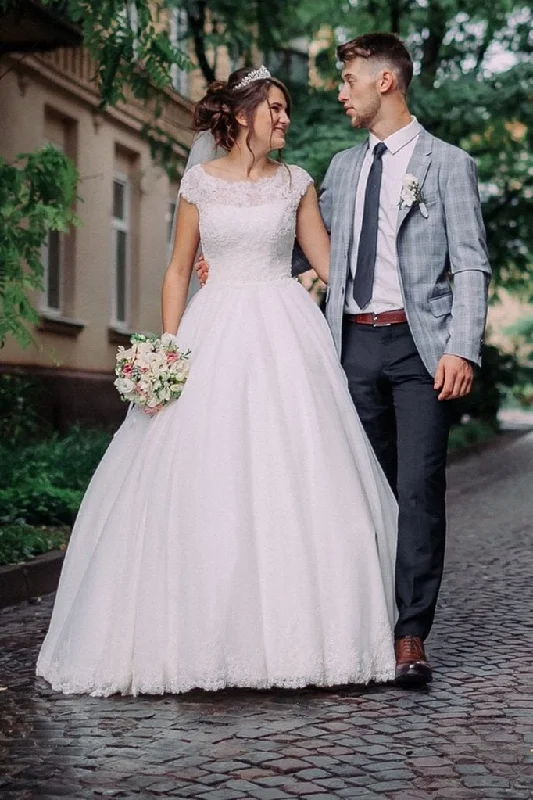 wedding dress with buttonsCharming Round Neck Cap Sleeves Appliques Lace Ball Gowns Wedding Dress OK1054