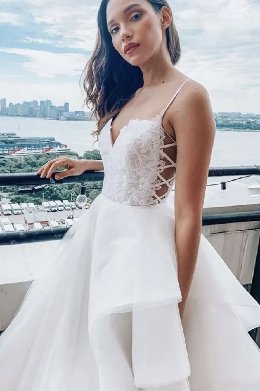 destination wedding dressesV Neck Lace Top Spaghetti Straps Wedding Dress Elegant Ruffles Bridal Dress OKX55