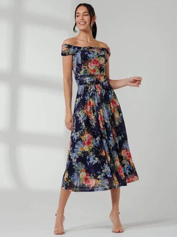 long-sleeved floral midi dressesRezka Off Shoulder Mesh Midi Dress, Navy Floral