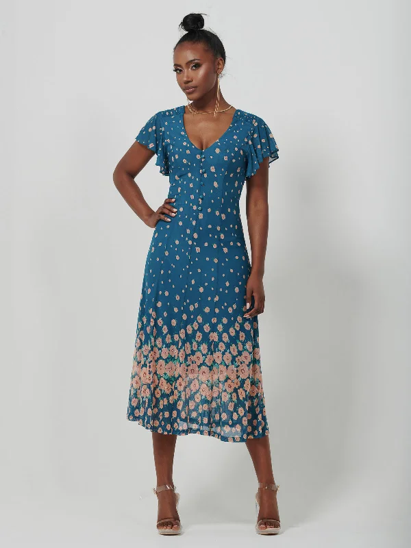 midi dresses for workMirrored Mesh Fit & Flare Midi Dress, Teal floral