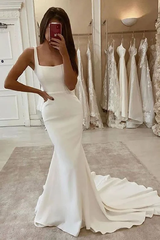 wedding dress with lace overlaySatin Square Neck Long Wedding Dress with Mermaid Train OK1427