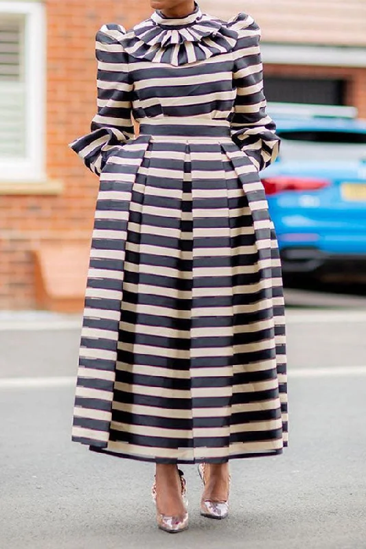 wrap-around midi dressesStriped Retro Ruffles Midi Dress