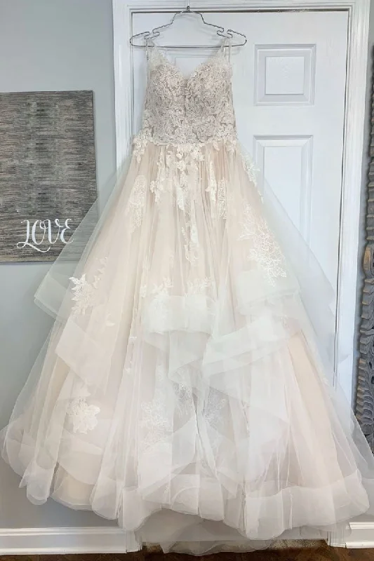 long sleeve wedding dressesA Line V Neck Tulle Lace Appliques Long Wedding Dress Cheap Bridal Dress OK1166