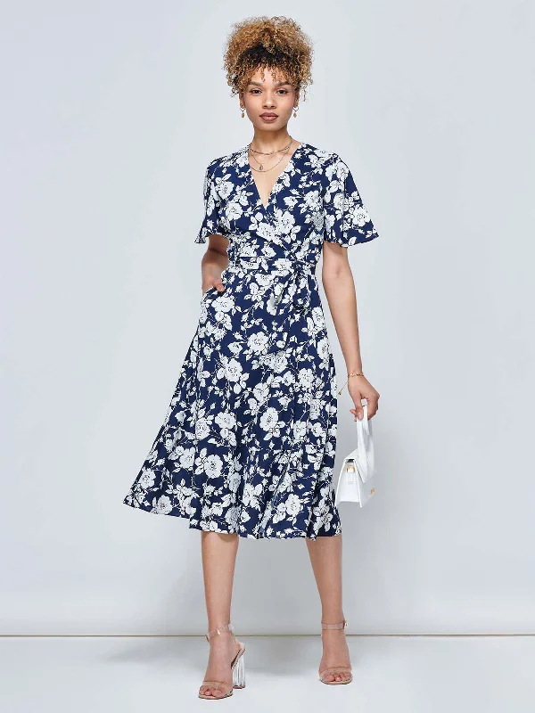 elegant midi dressesWylla Wrap Woven Midi Dress, Navy Floral