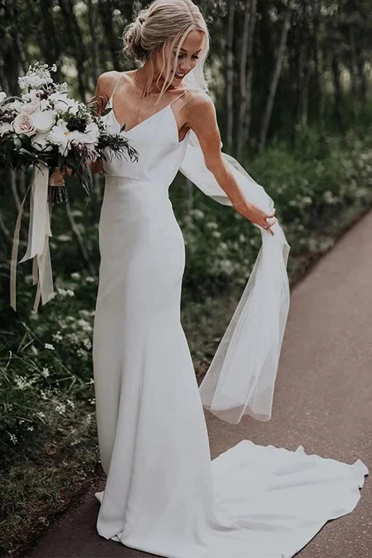 embroidered wedding dressesSimple Boho V-Neck Wedding Dress Sleeveless A-Line Spaghetti Straps Bridal Dress OKW42