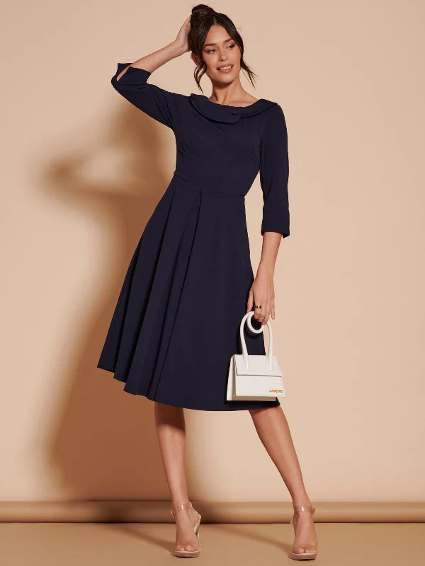 midi ballerina dresses3/4 Sleeve Fold Neck Midi Dress, Navy