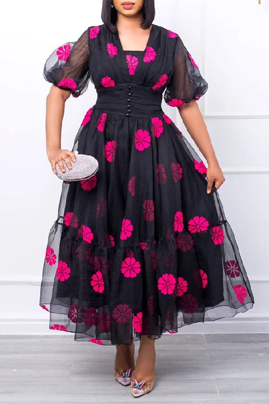 plus-size formal midi dressesFlower Print Feminine Mesh Layered Midi Dress