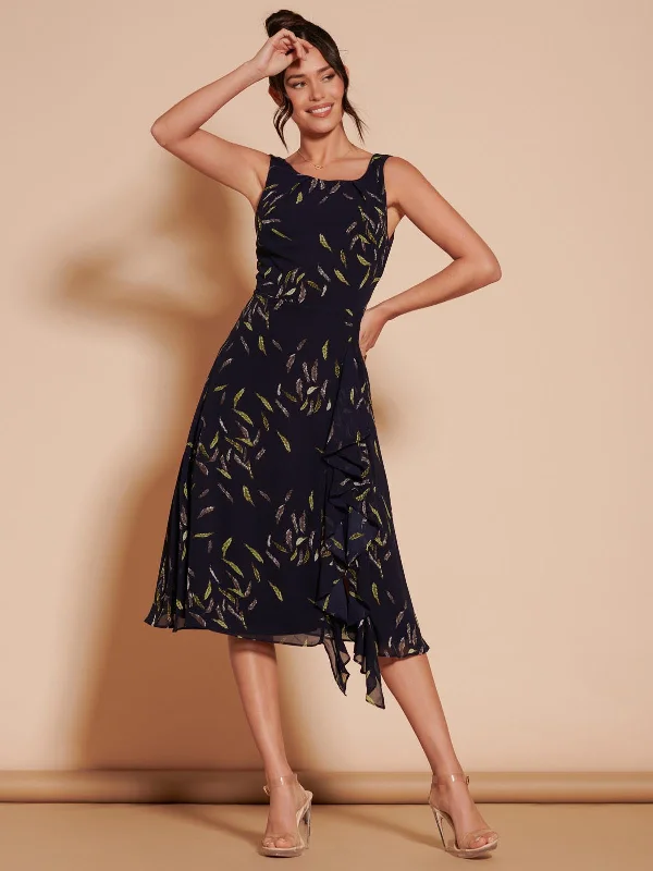 midi dresses with pockets and sleevesPrint Frill Hem Chiffon Midi Dress, Navy Multi