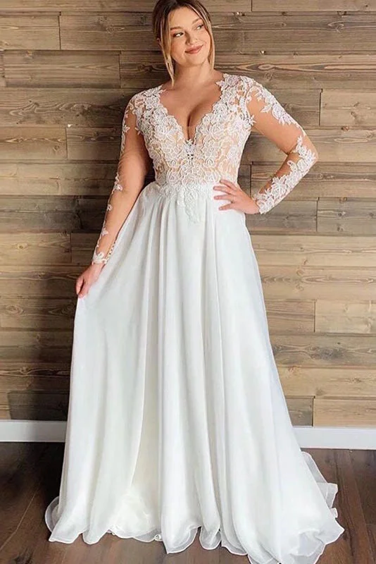 appliqued wedding dressesLong Sleeves Chiffon Sheer Lace Applique V-neck Plus Size Wedding Dress OKV31