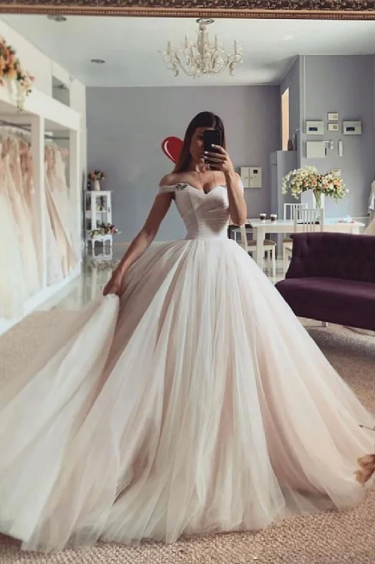 custom wedding dressesOff the Shoulder A Line Tulle Long Ball Gown Wedding Dress Bridal Dress OK1160